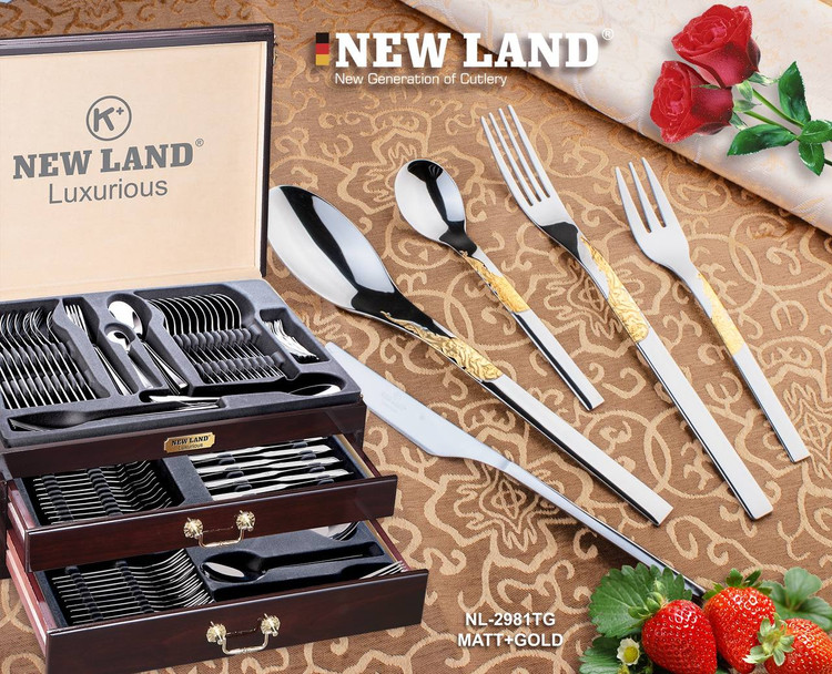 سرویس قاشق و چنگال 135 پارچ 24 نفره صندوق چوبی نیولند مدل 2981TG